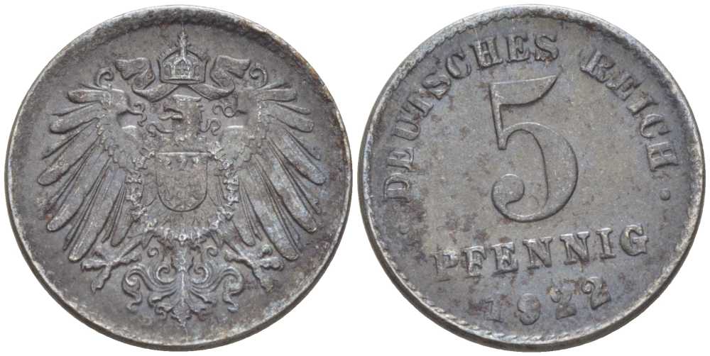 ГЕРМАНИЯ 5 ПФЕННИГОВ 1922 D KM 19, J. 297, Weege 5 железо 206-756