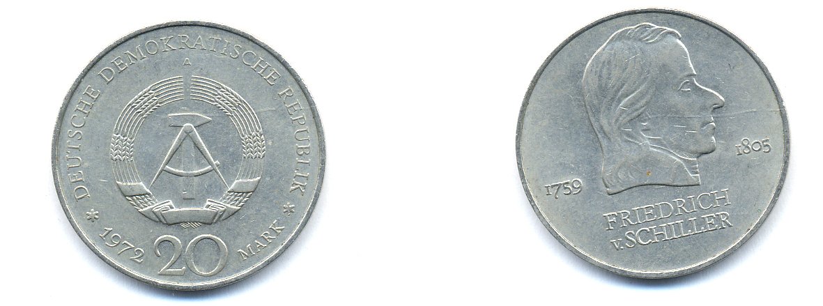 ГДР 20 марок 1972 А, Фридрих Шиллер (1759-1805) KM 40 медно-никель 3333-821