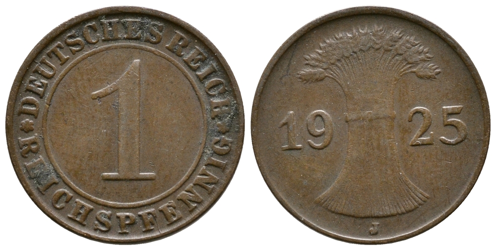 ГЕРМАНИЯ 1 РЕЙХСПФЕННИГ 1925 J KM 37, J. 313 бронза 4380-1136
