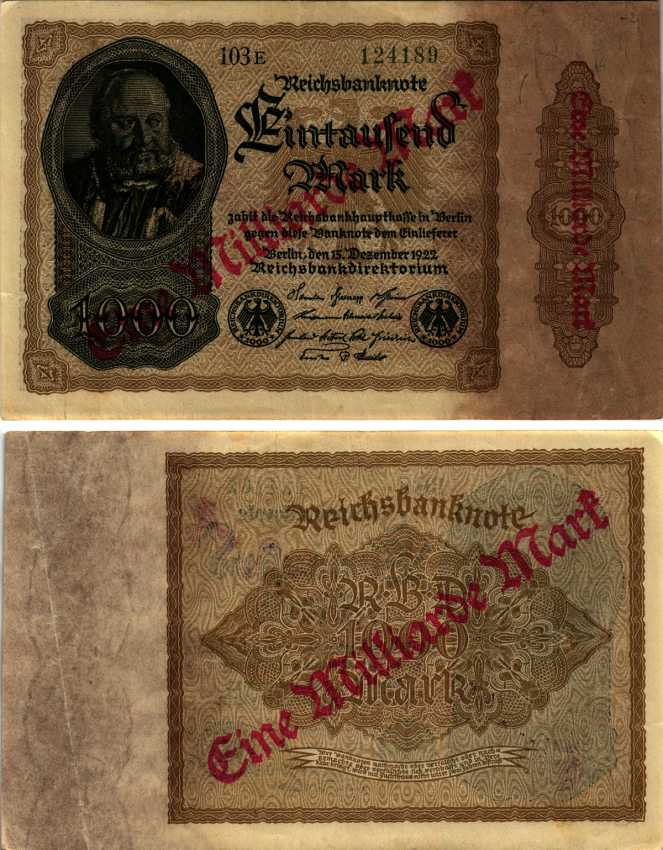 Германия 1000000000 марок 1923 красная, диагональная, двухсторонняя надпечатка на 5000 марок 1922, бумага белая, водяной знак 1000 на коричневом Pick 113a бумага 444-149-2-1