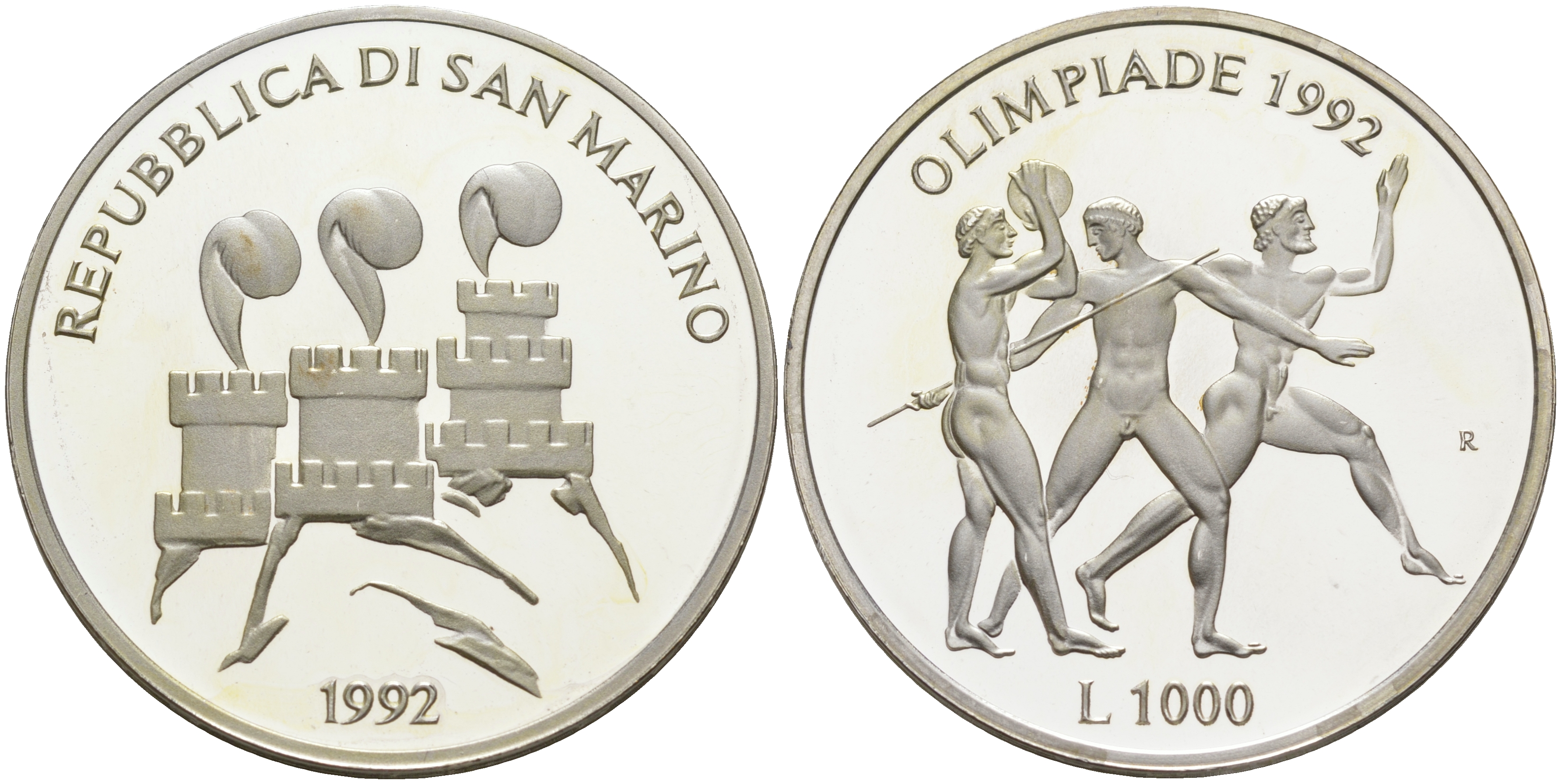 Сан-Марино 1000 лир 1992 XXV летние Олимпийские игры в Барселоне 1992 года, легкая атлетика KM 277 серебро PROOF 1087-10-31