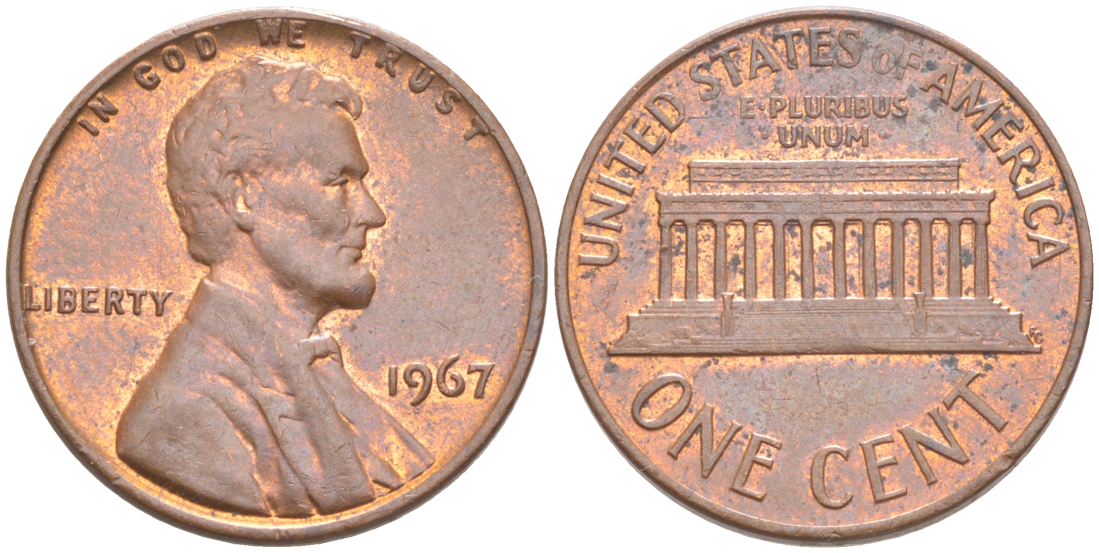 США 1 ЦЕНТ 1967 ЛИНКОЛЬН KM 201 медь цинк 187-634