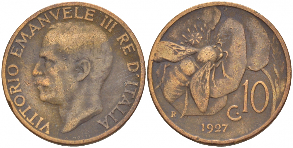ИТАЛИЯ 10 ЧЕНТЕЗИМО 1927 R, ВИКТОР ИММАНУИЛ, ПЧЕЛА KM 60 медь 4544-1057