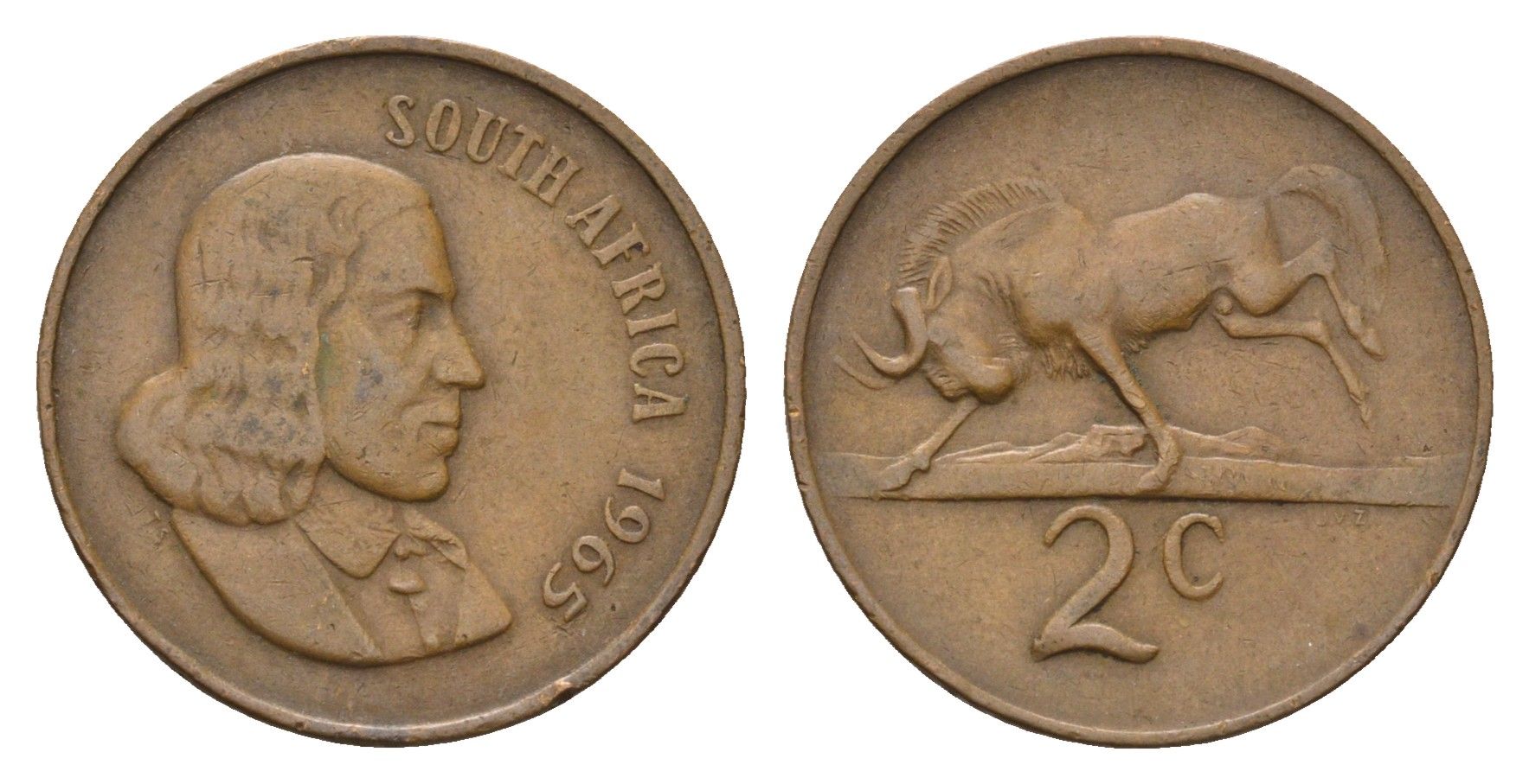 ЮАР 2 цента 1965 Ян ван Рибек (1619-1677), South Africa, легенда на английском, антилопа KM 66.1 бронза 4700-1232