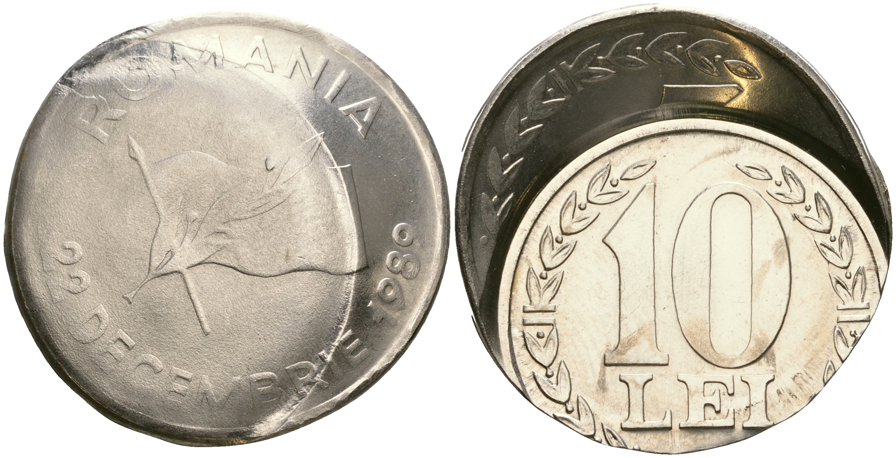 Румыния 10 леев 1990-1992 технологический брак монетного двора KM 108 сталь плакированная никелем  UNC  441-421