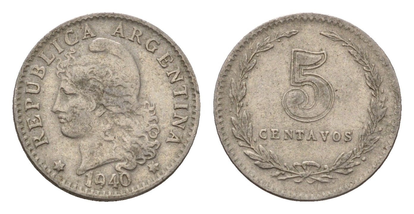 Аргентина 5 сентаво 1940 KM 34 медно-никель 4643-945