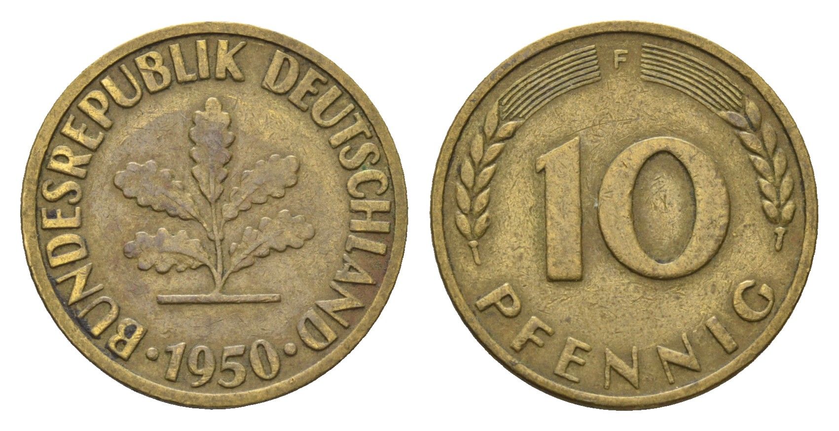 ФРГ 10 пфеннигов 1950 F KM 108, J. 383 сталь плакированная латунью 4684-1167