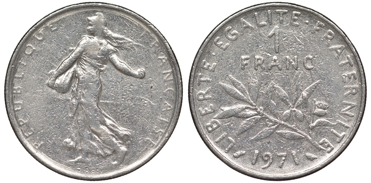 Франция 1 франк 1971 сеятель KM 925.1 никель 25-2355