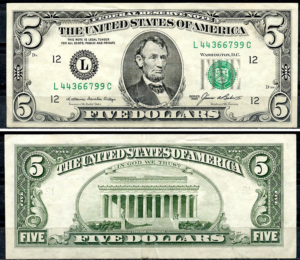 США 5 долларов 1985 L - Сан-Франциско, Калифорния Pick 475 бумага аUNC 6294-25-1-1