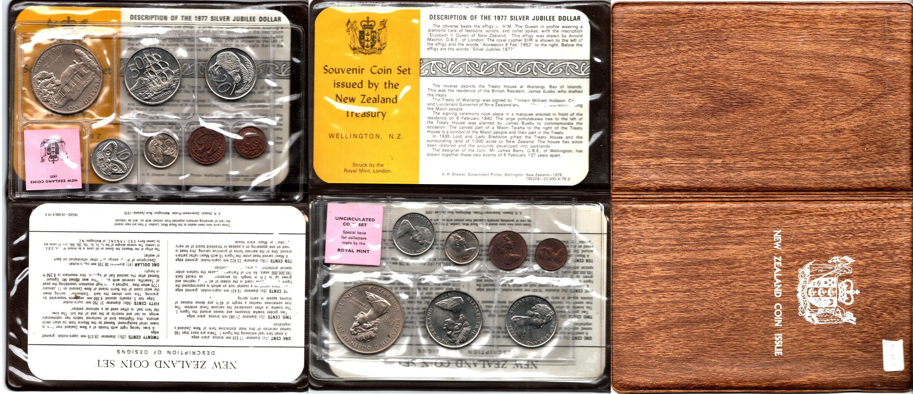 Новая Зеландия годовой набор из 7 монет (1, 2, 5, 10, 20 и 50 центов; 1 долллар) 1977 в оригинальной упаковке, 25 лет правления Королевы Елизаветы II и День Вайтанги KM MS23 (31, 32, 34, 36, 37, 41 и 46) BU 8-2-05-45