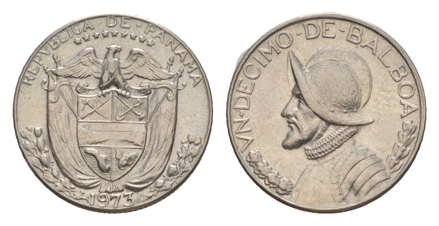 Панама 1/10 бальбоа (10 сентесимо) 1973 KM 10 медь плакированная медно-никелем UNC 4644-147