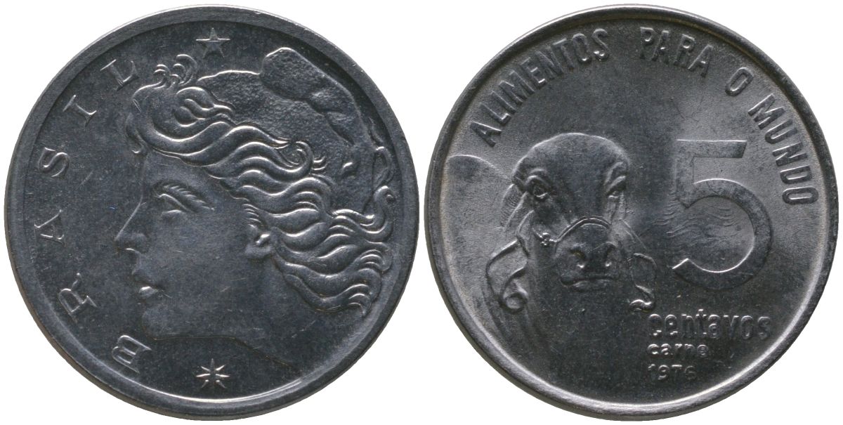 Бразилия 5 сентаво 1976 ФАО KM 587.1, Schon 93 нержавеющая сталь 4577-1122