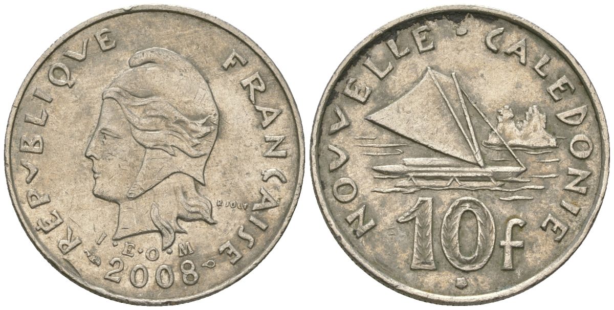 Французская Новая Каледония 10 франков 2008 рыбачья парусная лодка, (IEOM) KM 11a, Schoen 13a, Lec 99k медно-никель 60-256