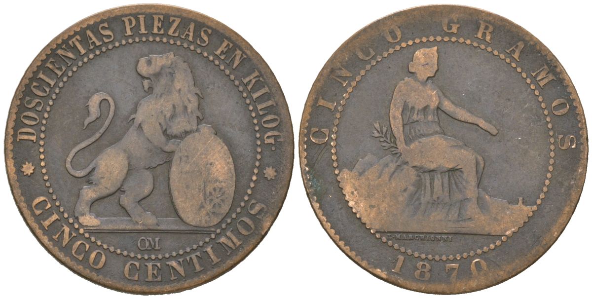 Испания 5 сентимо 1870 ОМ, лев со щитом KM 662 бронза 92-1014