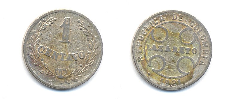 Колумбия 1 сентаво 1921 государственный лепрозорий KM L9 медно-никель 53-569