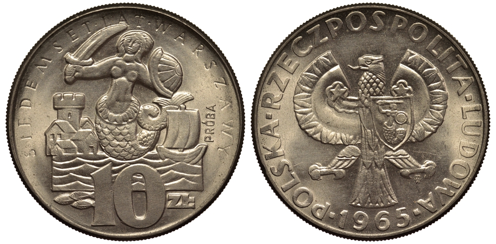 Польша 10 злотых 1965 MW, 700 лет Варшаве, проба, probe KM Pr 133 медно-никель  UNC  1530-932