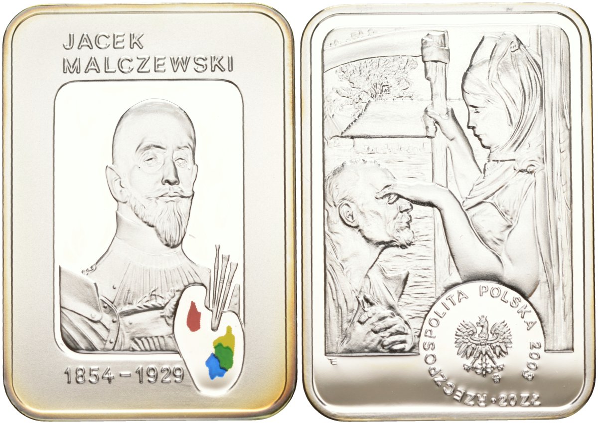Польша 20 злотых 2003 Ясек Малжевски, аллегория Смерти закрывающей глаза старику, цветная эмаль, в оригинальной пластиковой коробке KM 478 серебро PROOF 1072-7-43