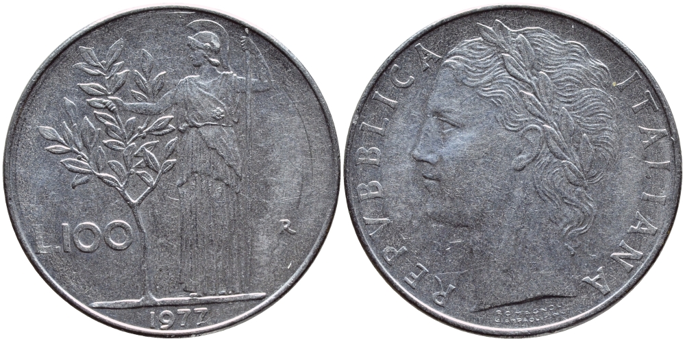 ИТАЛИЯ 100 ЛИР 1977 R , АФИНА KM 96.1 нержавеющая сталь 4394-623