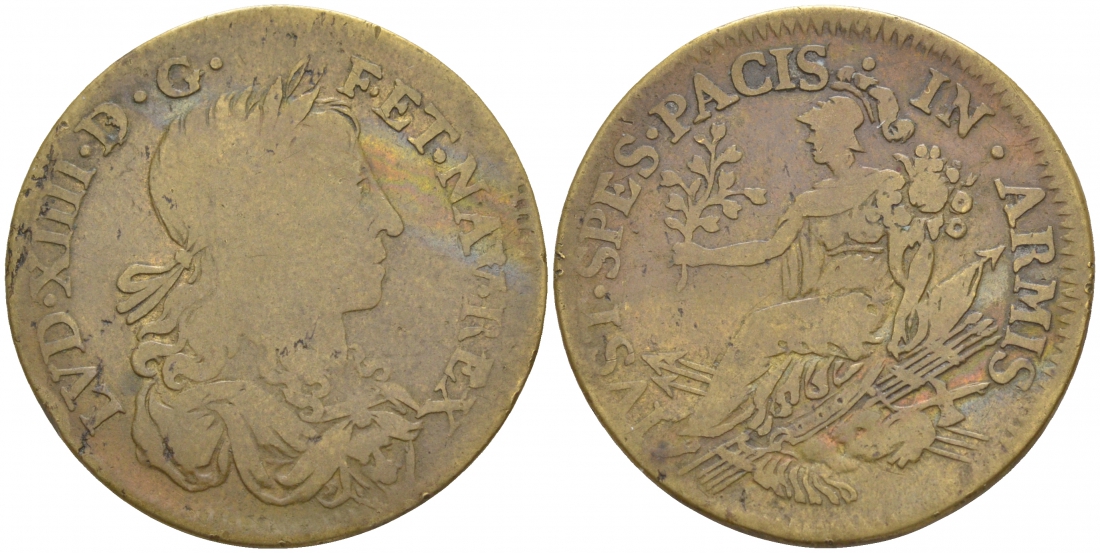 ФРАНЦИЯ ЖЕТОН ПЛАТЕЖНЫЙ ЛЮДОВИК XIV сплав латуни 186-354