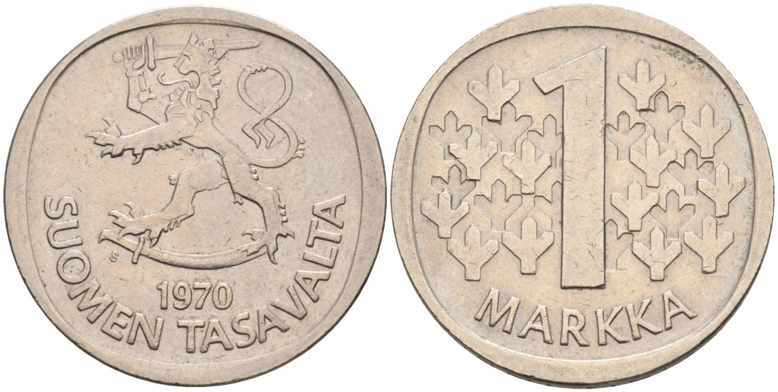 Финляндия 1 марка 1970 S KM 49a медно-никель 4563-512