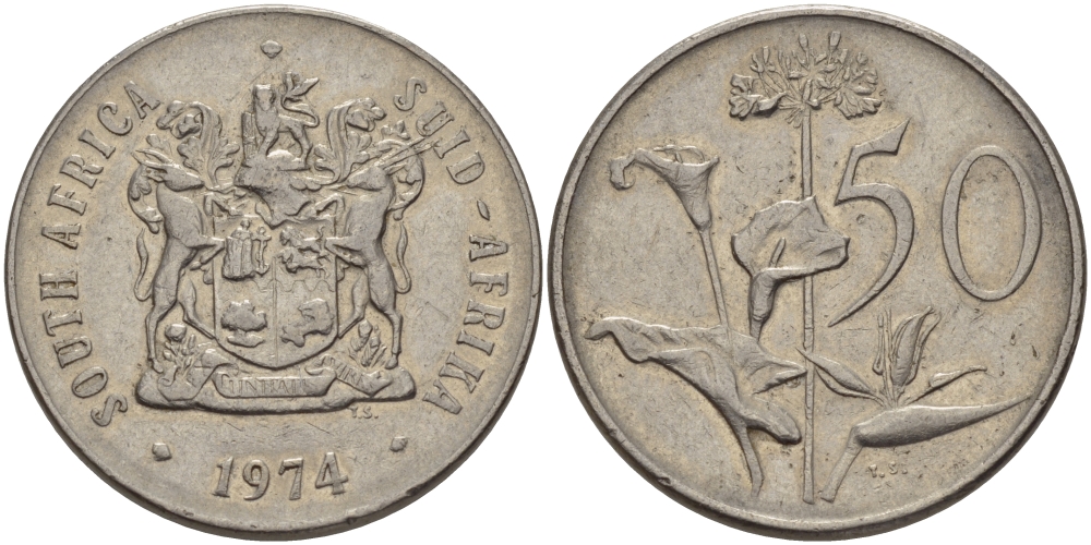 ЮАР 50 центов 1974 Зантедеския Эллиота (калла), герб KM 87 никель 32-1131