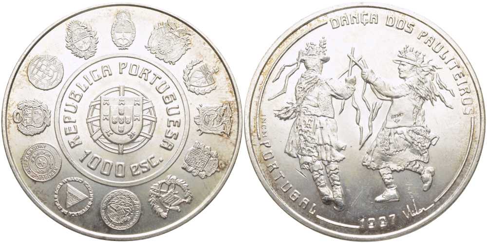 Португалия 1000 эскудо 1997 танец Политейрош KM 704 серебро 1521-1345