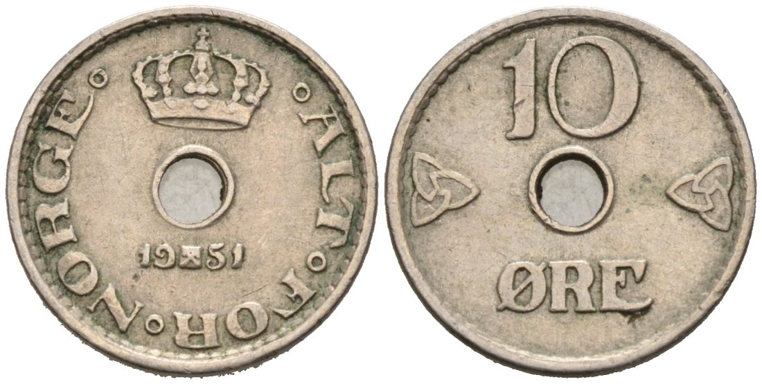 Норвегия 10 эре 1951 Хокон VII (1905-1957) KM 383 медно-никель 4564-821