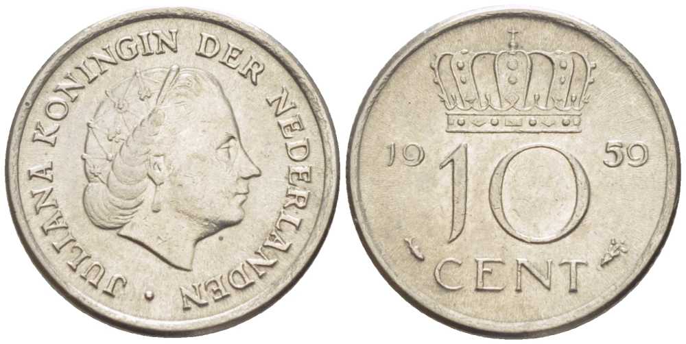 НИДЕРЛАНДЫ 10 ЦЕНТОВ 1959 ЮЛИАНА KM 182 никель 66-828