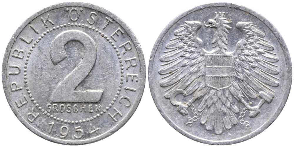 АВСТРИЯ 2 ГРОША 1954 KM 2876 алюминий 112-665