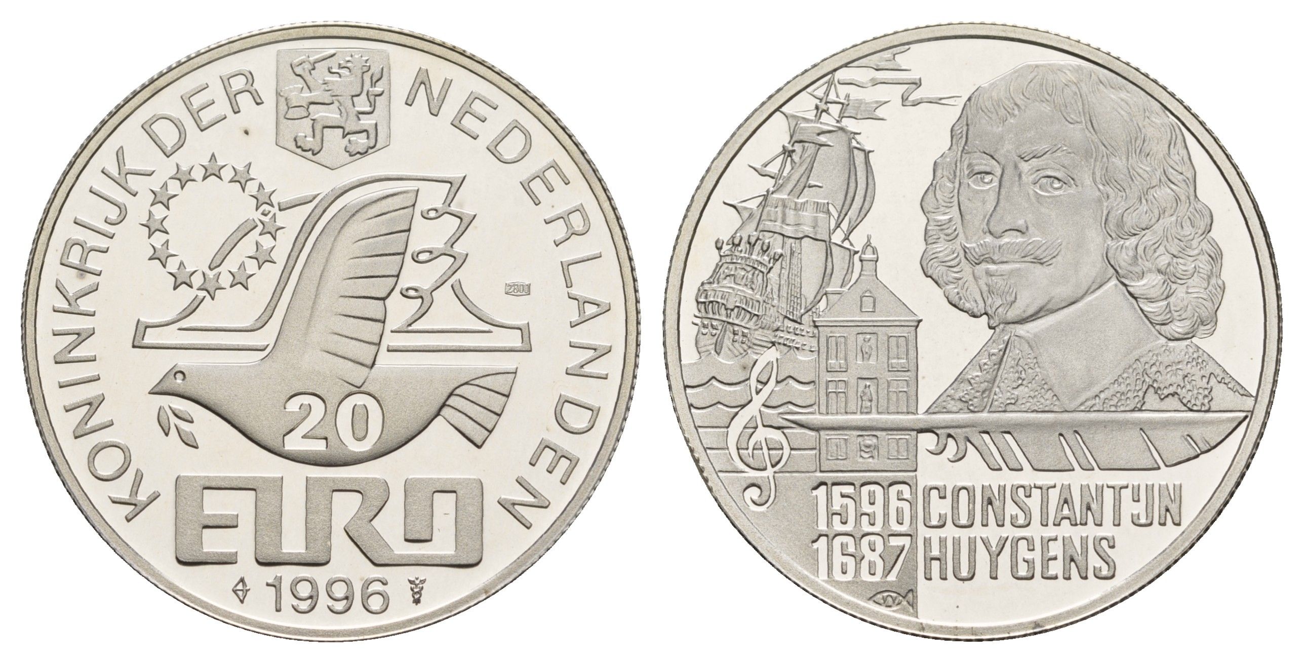 Нидерланды 20 евро 1996 400 лет со дня рождения Константейна Хёйгенса X 128 серебро PROOF 443-1345