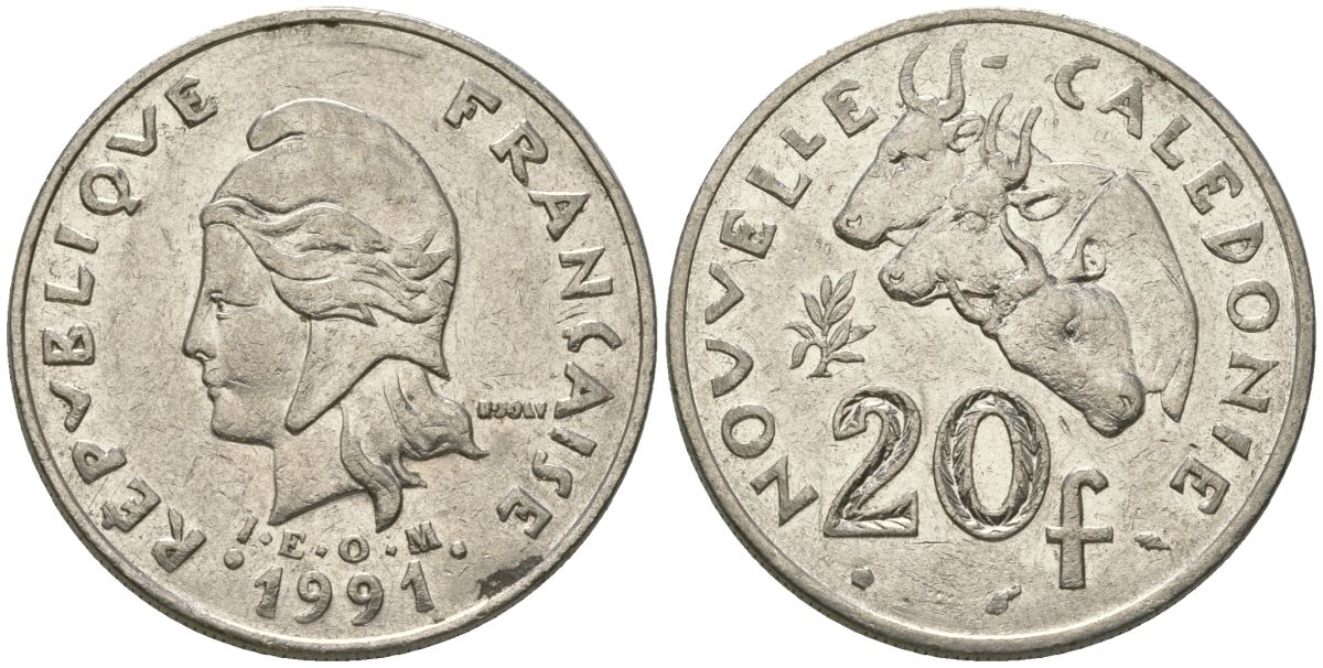 Французская Новая Каледония 20 франков 1991 три быка, (IEOM) KM 12, Schoen 14, Lec 114 никель 81-141