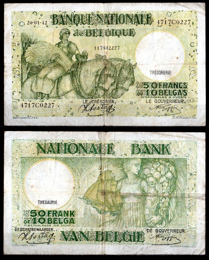 Бельгия 50 франков = 10 бельгас 1942 Pick 106(3) бумага 7457-28-1-1
