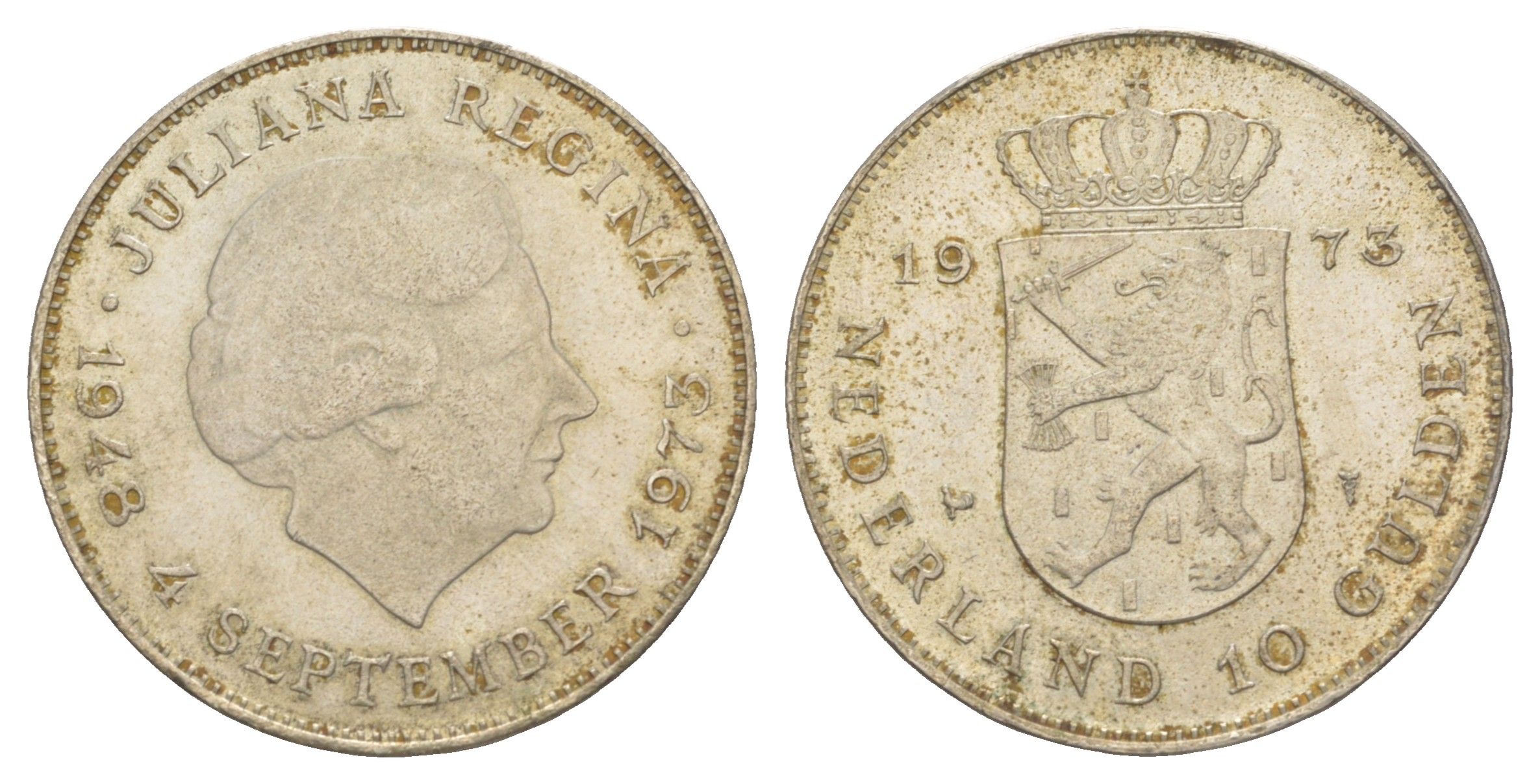 Нидерланды 10 гульденов 1973 25 лет правлению Королевы Юлианы KM 196 серебро 650-915