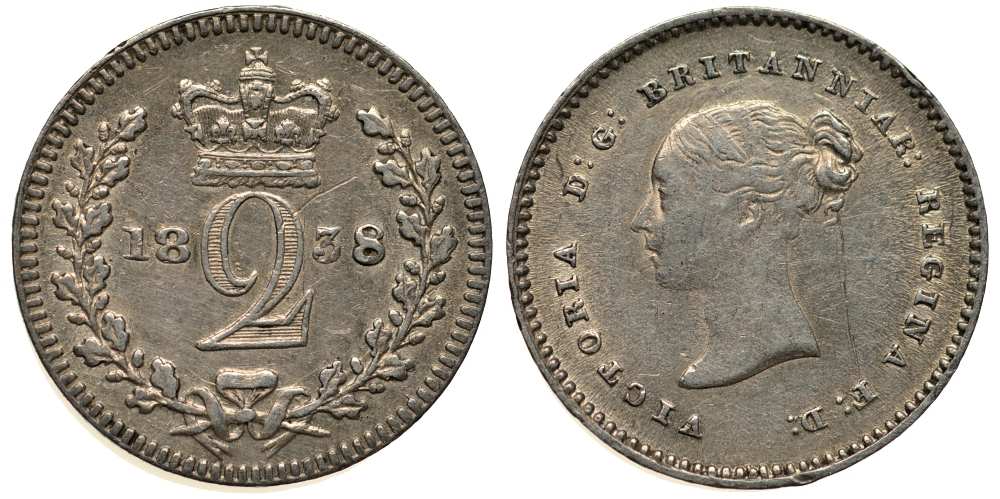Великобритания 2 пенса 1838 Виктория (1837-1901), для обращения в Британской Гвиане и некоторых частях Британской Вест-Индии KM 729, Spink 3914E серебро  1518-113