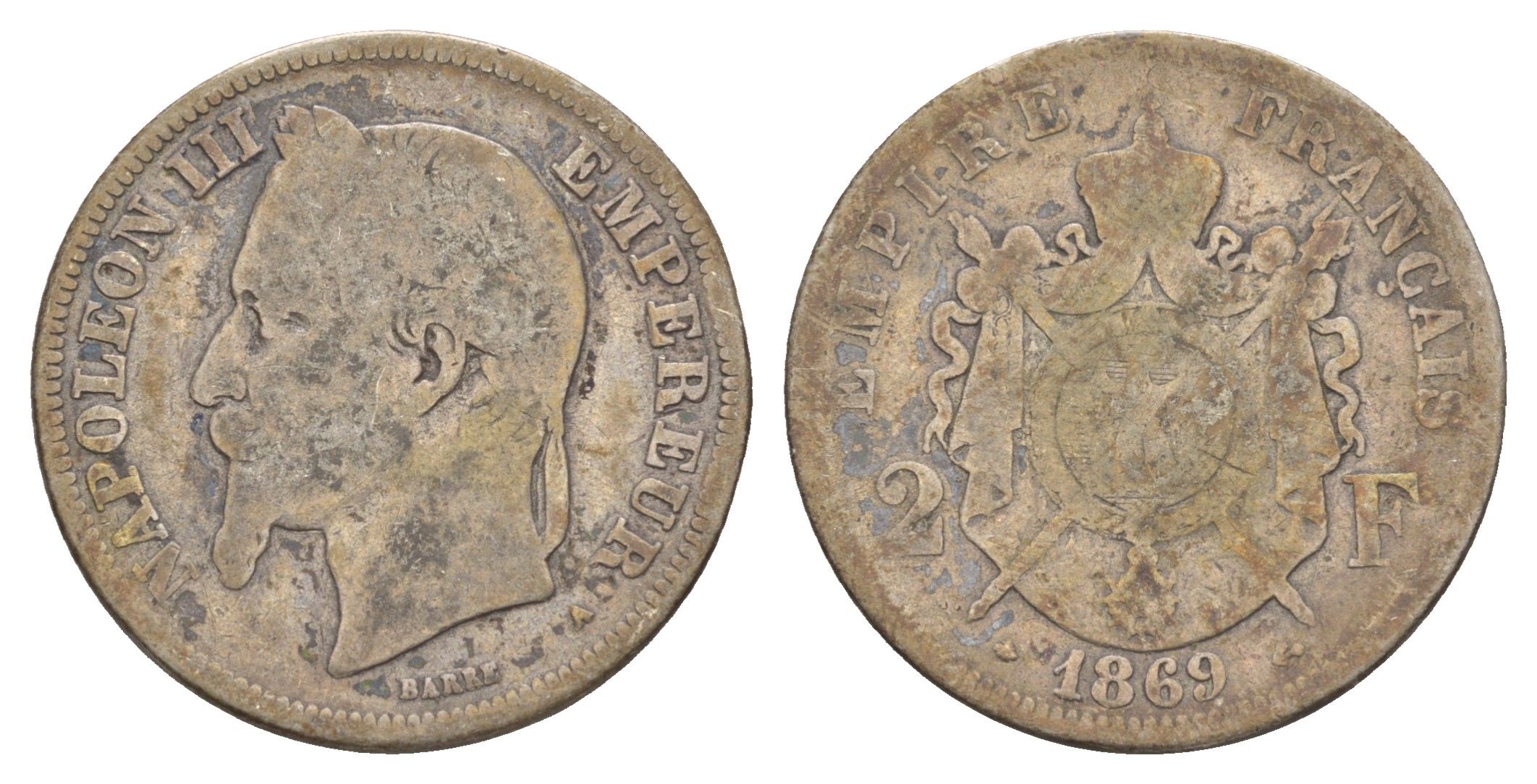 Франция 2 франка 1869 A, Наполеон III (1852-1870) KM 807.1 серебро 4657-1036