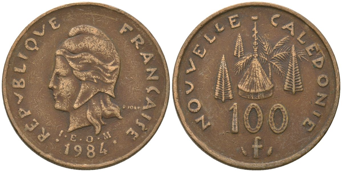Французская Новая Каледония 100 франков 1984 хижина среди сосен и пальм, (IEOM) KM 15, Schoen 16, Lec 134 никель латунь 4137-812