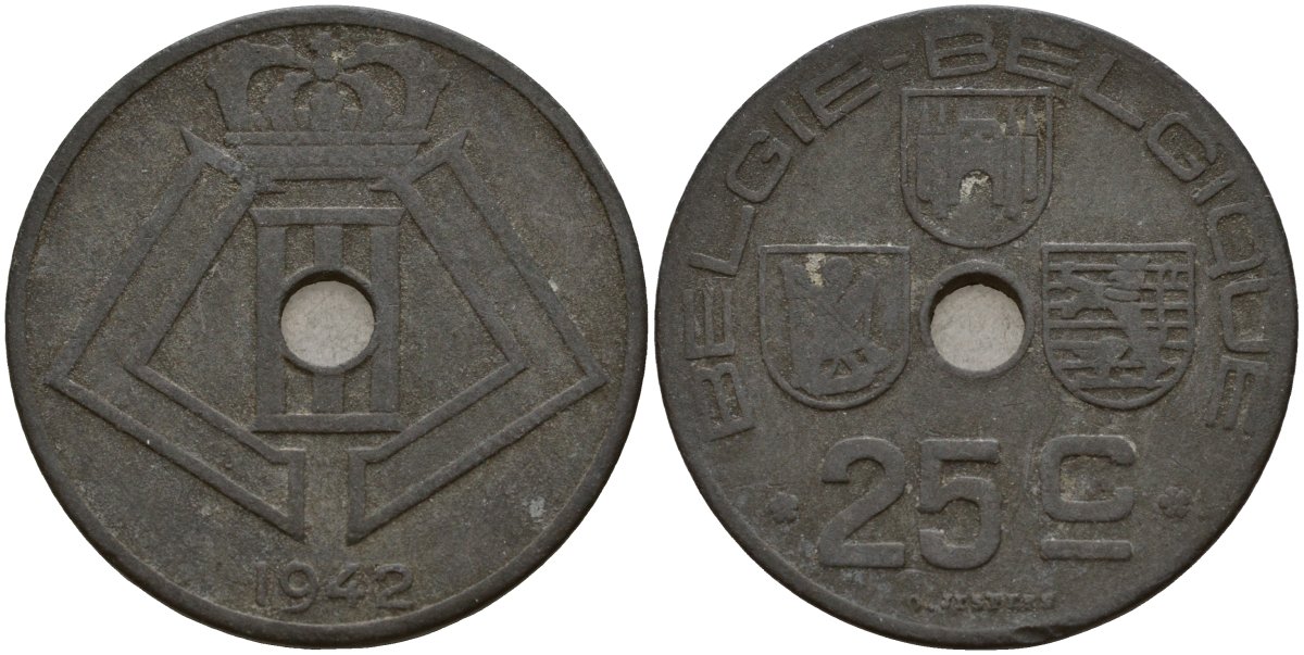 Бельгия 25 сантимов 1942 Belgie - Belgique, Леопольд III (1934-1947), германская оккупация, Вторая мировая война KM 132 цинк 4157-524