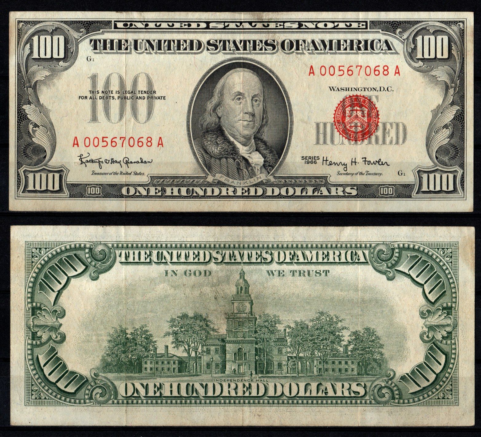 США 100 долларов 1966 Бенджамин Франклин. Зал независимости, Филадельфия, Пенсильвания. Подписи: Granahan & Fowler. Красная печать Pick 384 a, Fr. 1550 бумага 451-1228-1
