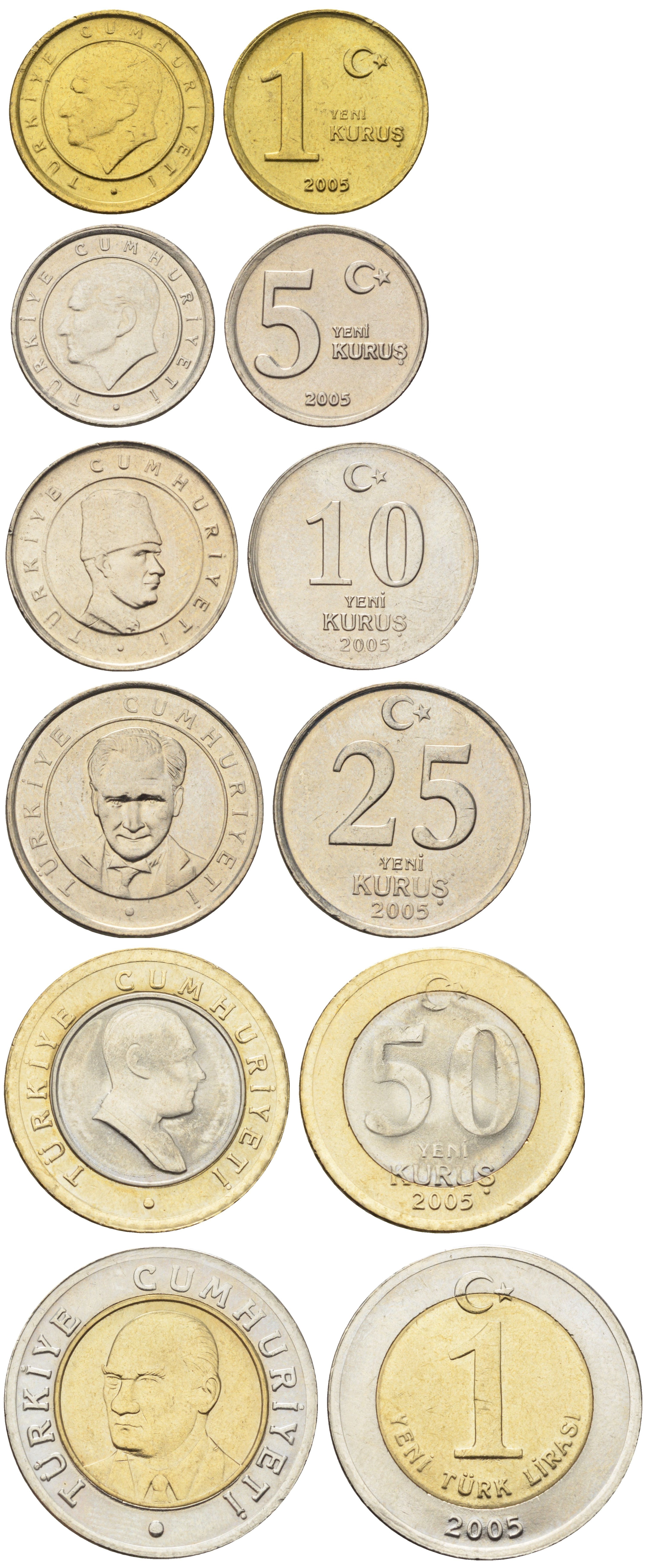 Турция набор из 6 монет (1, 5, 10, 25 и 50 курушей; 1 лира) 2005 KM 1164, 1165, 1166, 1167, 1168 и 1169 UNC 4699-821-826