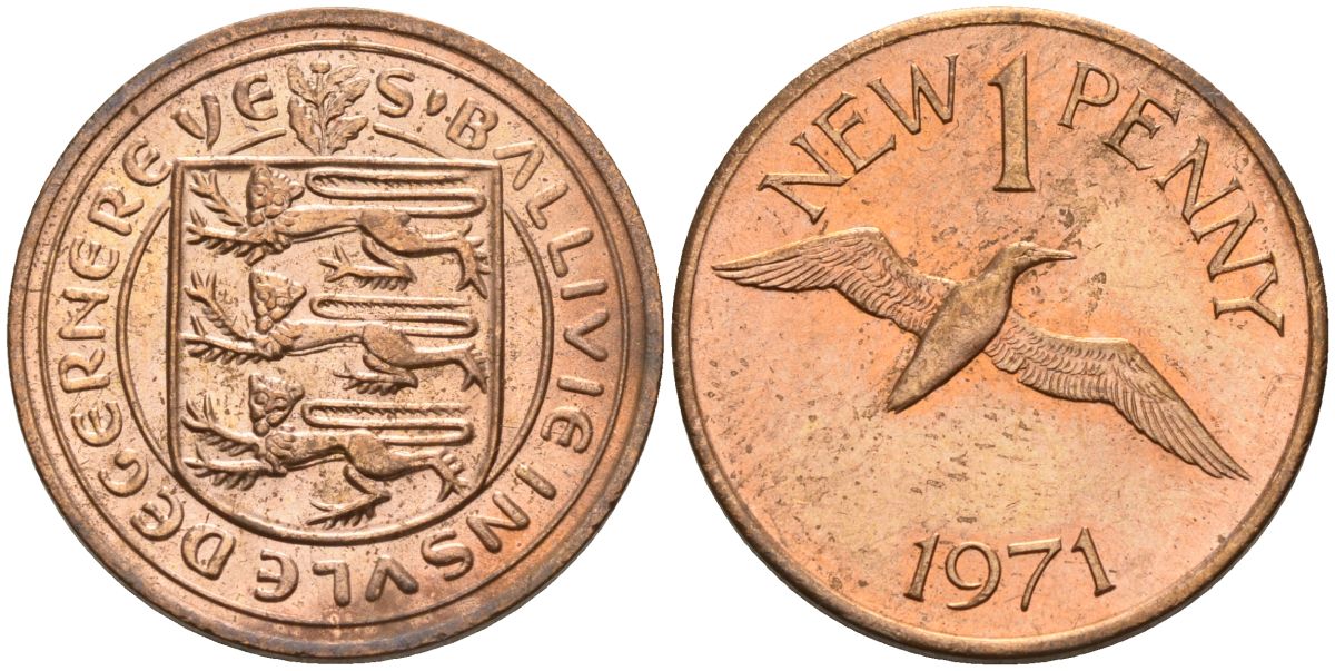 Гернси 1 пенни 1971 Елизавета II (1952-2022), северная олуша в полете KM 21 бронза 4152-1268