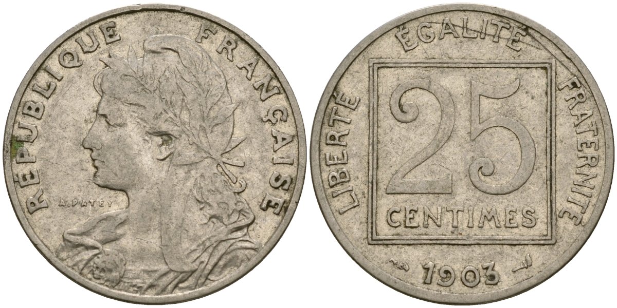 Франция 25 сантимов 1903 Patey 1er Type KM 855, Le Franc 168.3 никель 51-3134