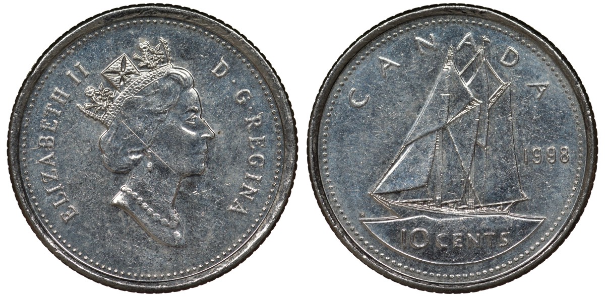 Канада 10 центов 1998 парусник, Елизавета II (1952-) KM 183 никель 4124-521