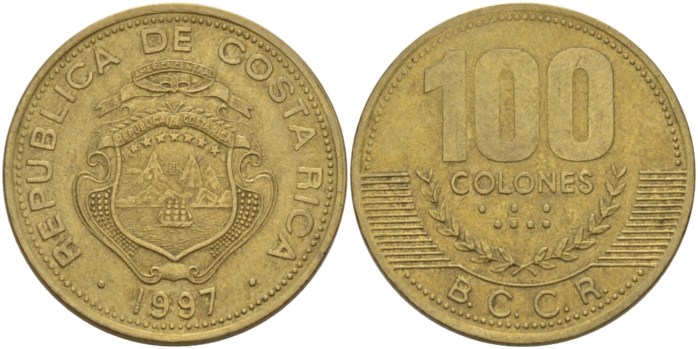 Коста-Рика 100 колон 1997 B.C.C.R. KM 230а латунь 82-233