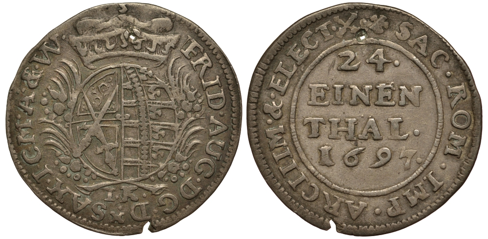 САКСОНИЯ 1/24 ТАЛЕРА 1697 IK, ФРИДРИХ АВГУСТ I (1694-1733), С ОТВЕРСТИЕМ KM 645, Kahnt 186, Kohl 405, Slg. Merseburger 1618. серебро 4513-144