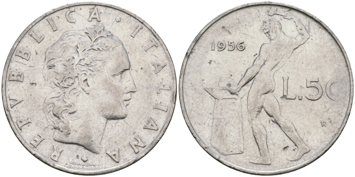 Италия 50 лир 1956 R, бог огня Вулкан у наковальни KM 95.1 нержавеющая сталь 4171-1016