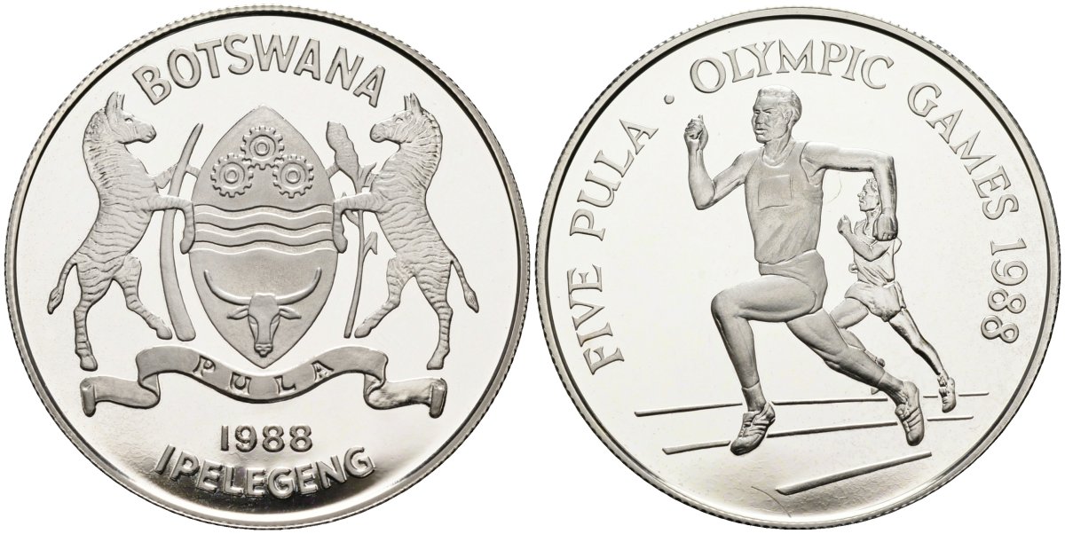 Ботсвана 5 пула 1988 XIV летние олимпийские игры в Сеуле, бег, тираж 25000 экз. KM 21 серебро PROOF 1078-3-44
