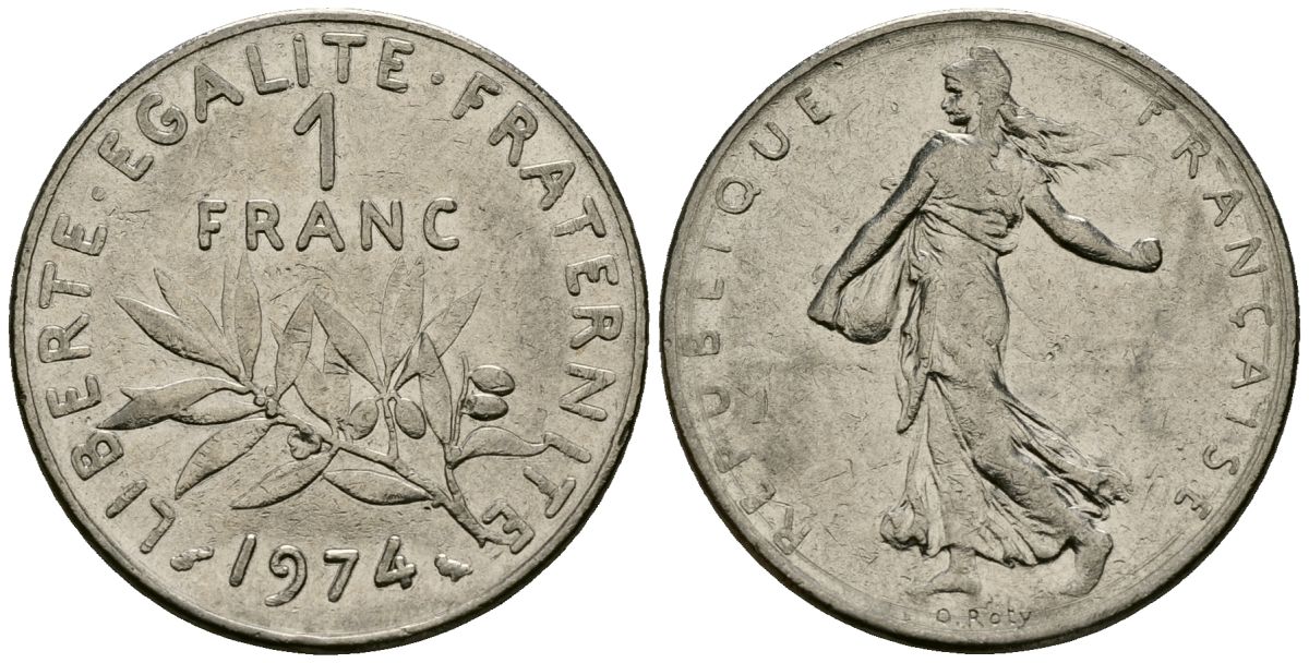 Франция 1 франк 1974 сеятель KM 925 никель 4135-842