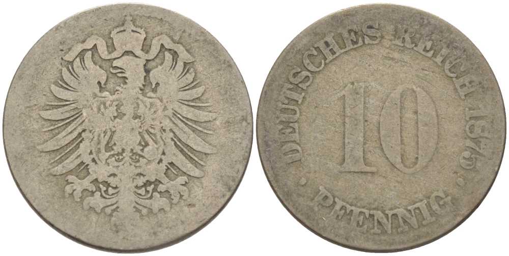 ГЕРМАНИЯ 10 ПФЕННИГОВ 1875 A, СТАРОГЕРБОВКА KM 4, J. 4, Weege 7 медно-никель 212-836