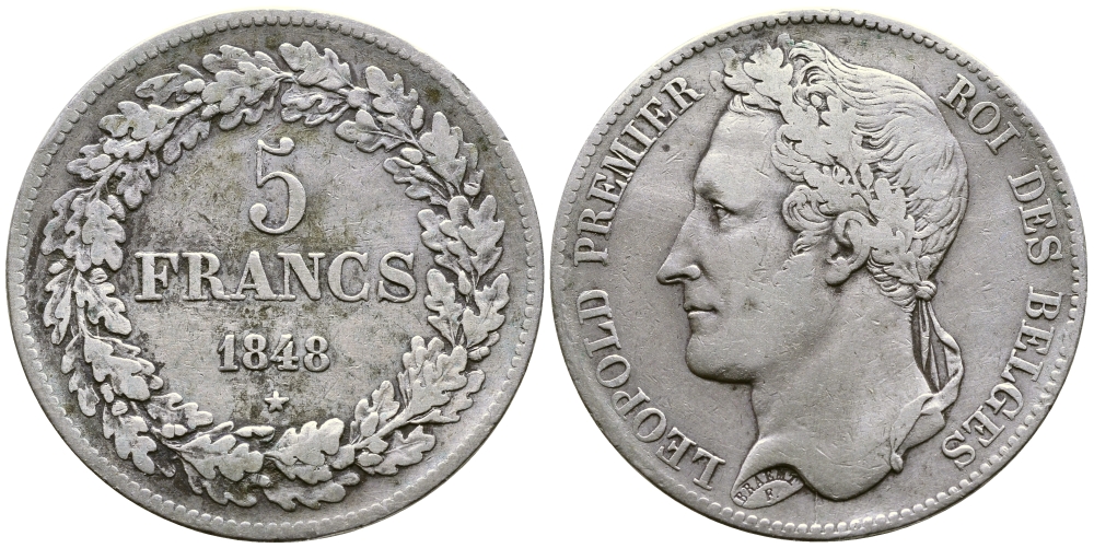 Бельгия 5 франков 1848 Леопольд I (1831-1865), в венке KM 3.2 серебро 74-832