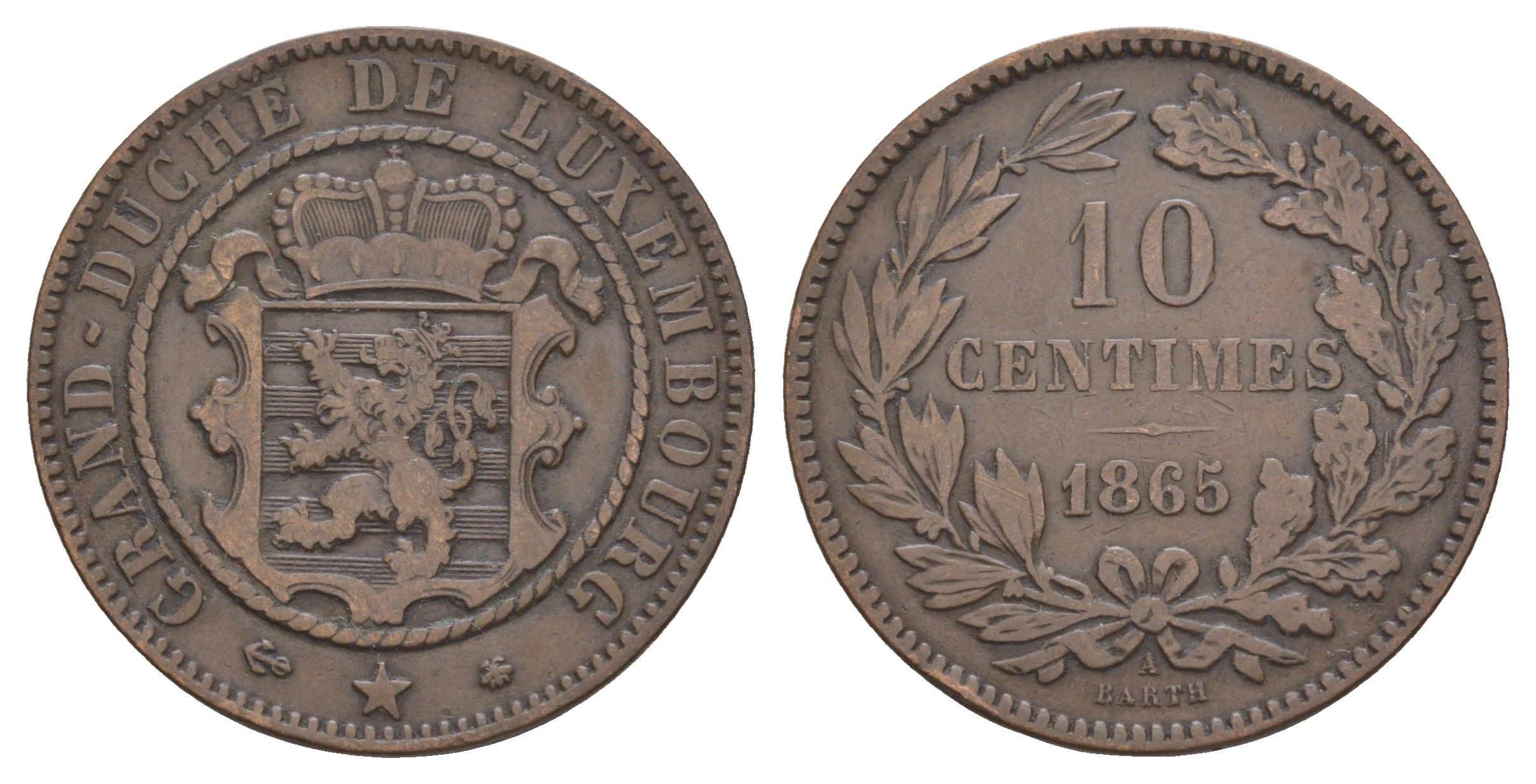 Люксембург 10 сантимов 1865 A, Виллем III (1849-1890) KM 23 бронза 4653-636